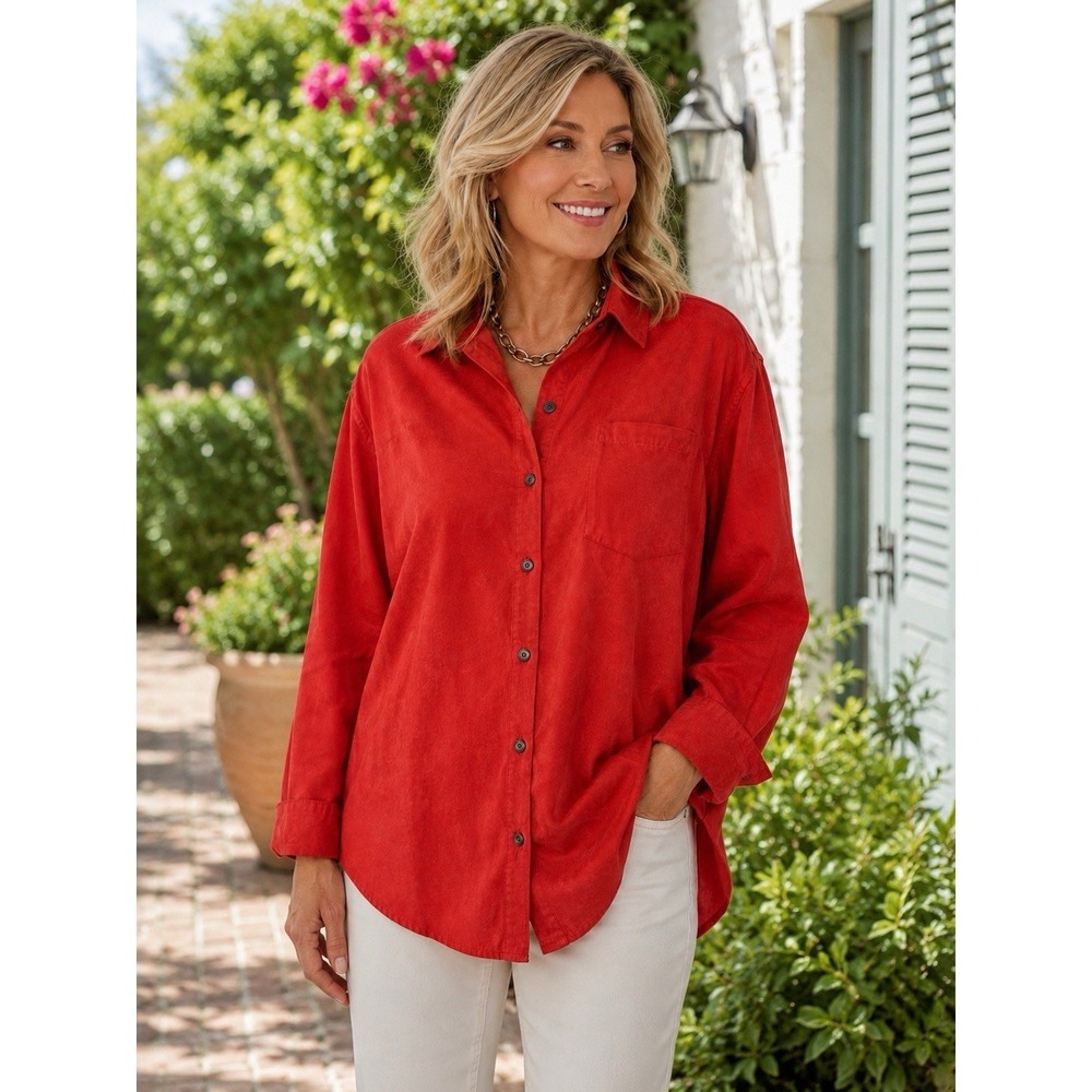 CHICOS DESIGN L/2 Button Up Faux Suede Shirt-Long Sleeve-Classic-Orange/Red EUC